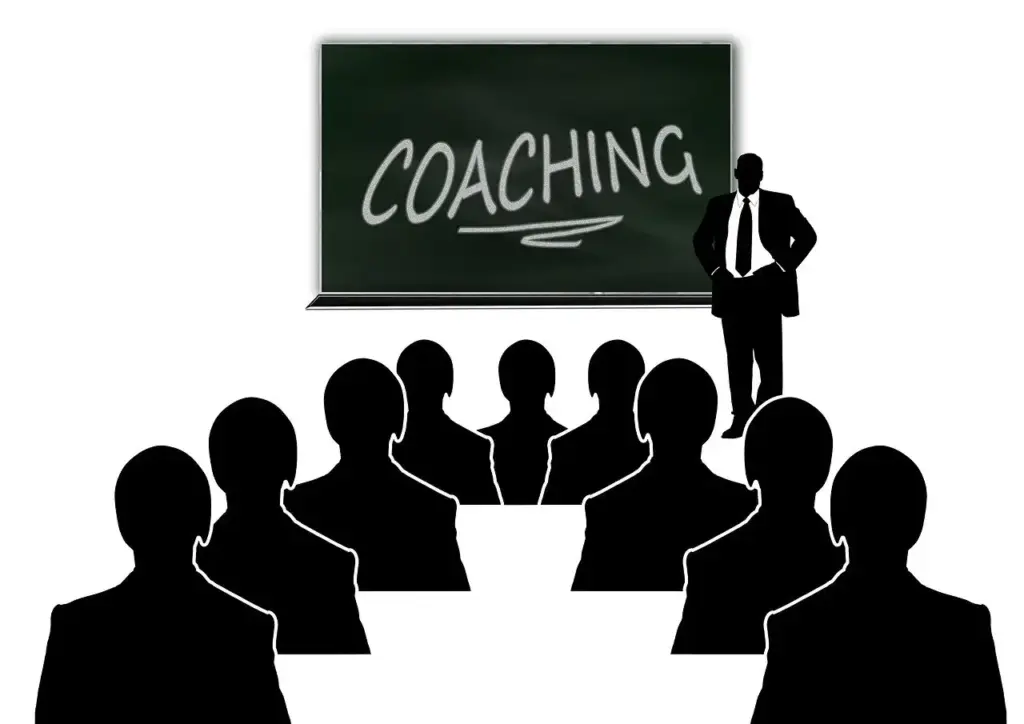 Grafik eines Vortragenden im Anzug vor einer Tafel mit dem Schriftzug „Coaching“, mehrere Zuhörer sitzen im Vordergrund – alles in Schwarz gehalten - Symbolbild für eine IT-Schulung